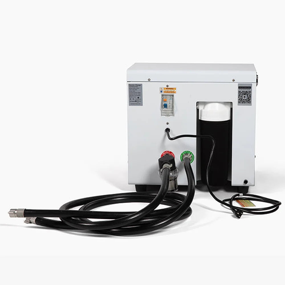 Back panel of the Revive Plunge .8hp Chiller with red and green quick-connect fittings, hoses, breaker and filter canister