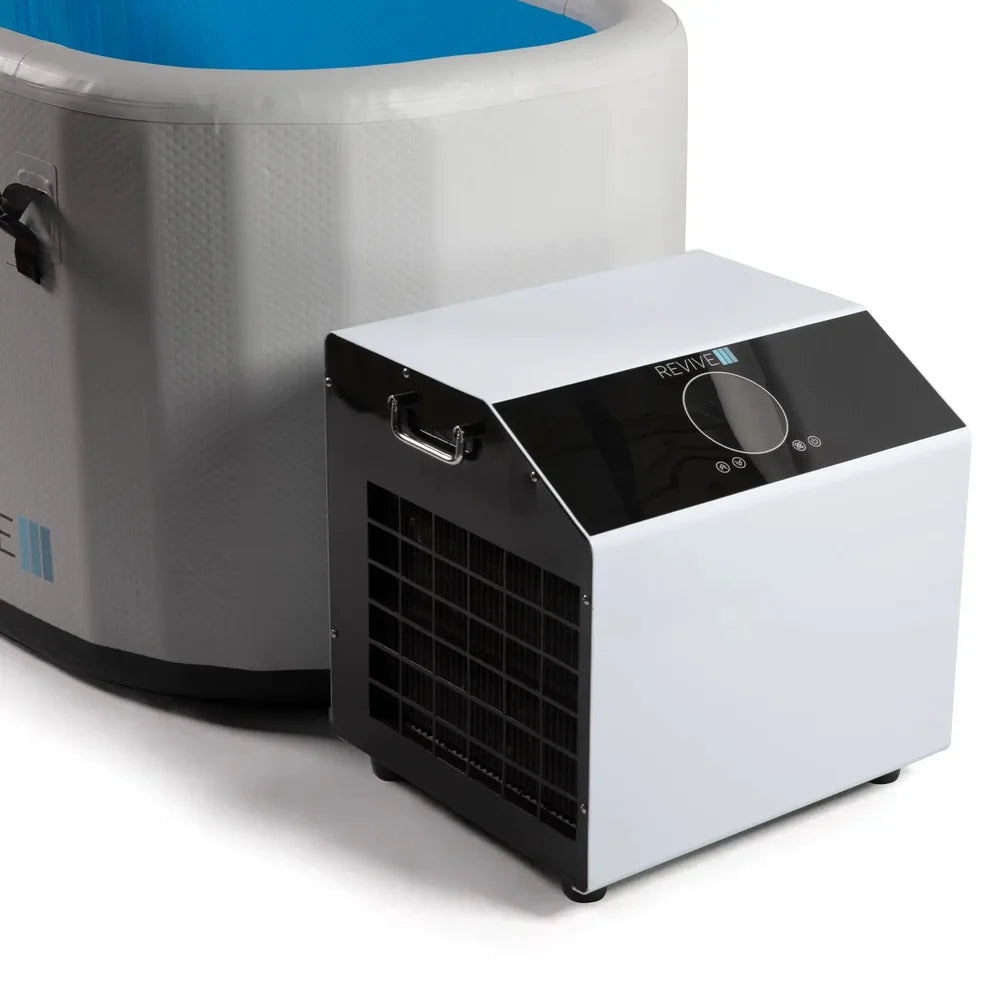 Detail of the portable chiller and vented grille next to the Revive Inflatable Cold Plunge Tub