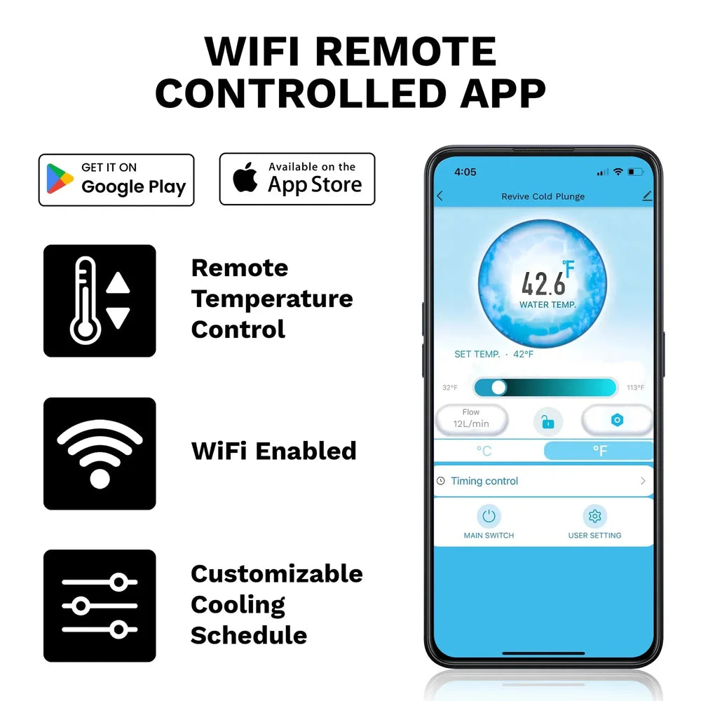 App control graphic with store badges and 42.6°F reading for the Revive Plunge Inflatable Cold Plunge Pool