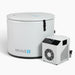 Angled studio view of the lidded Revive Inflatable Pod Plunge Ice Bath Tub beside its white chiller unit