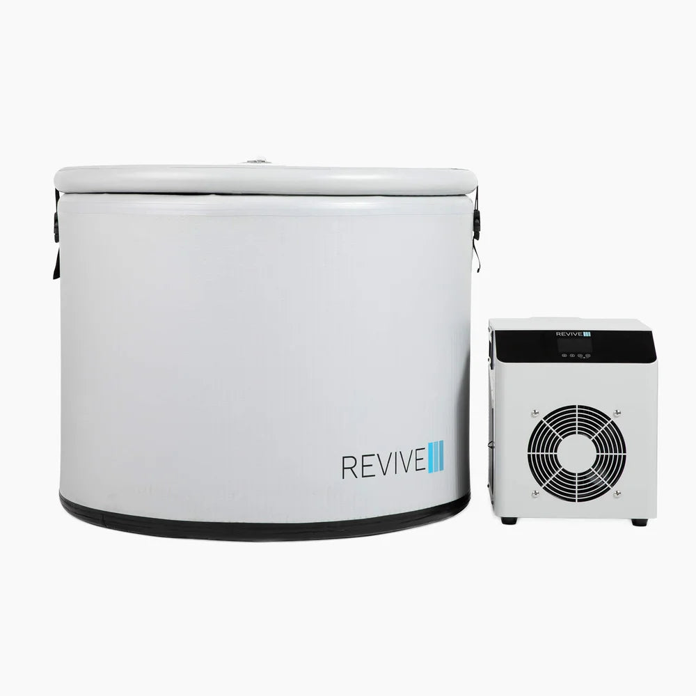Revive Inflatable Pod Plunge Recovery Tub shown with lid on next to the chiller on a clean white background