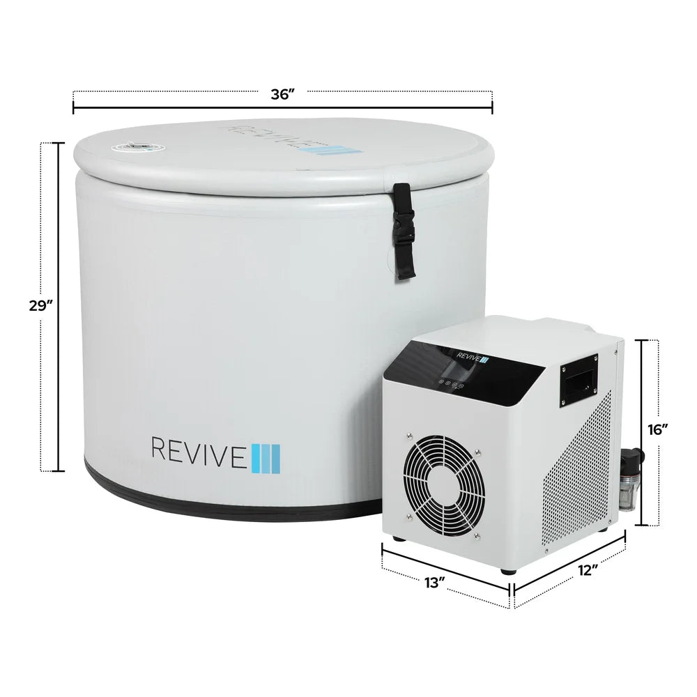 Measured diagram giving tub and chiller dimensions for the Revive Inflatable Pod Plunge Cold Plunge Tub
