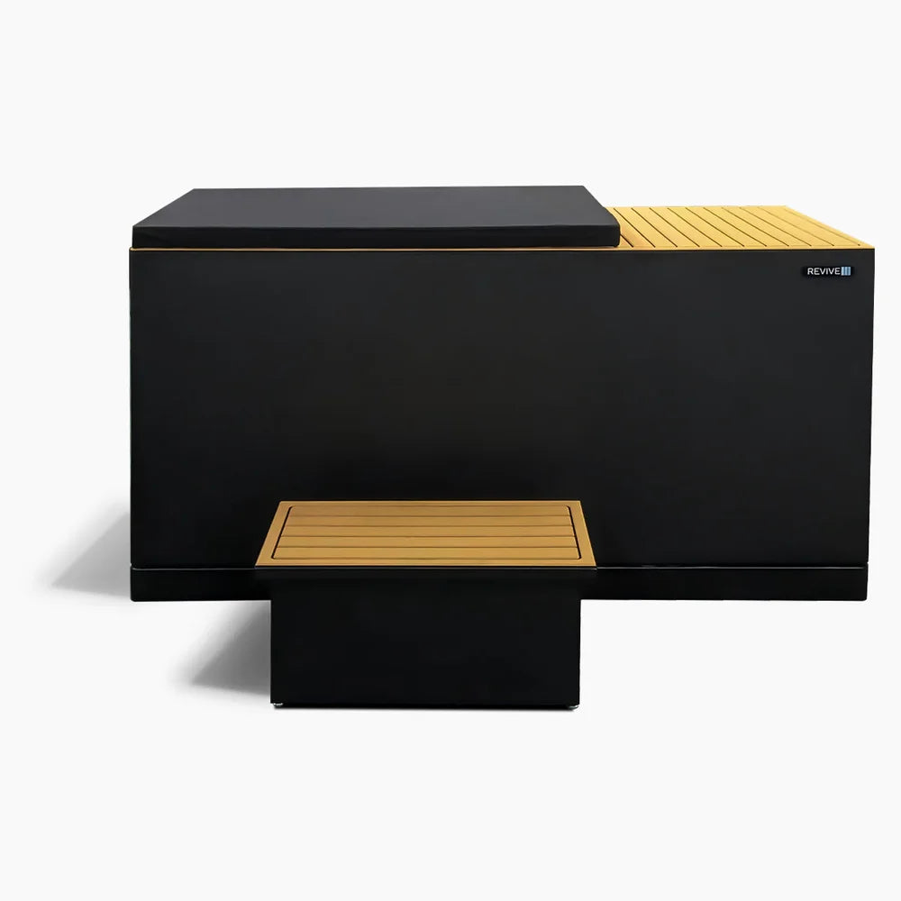 Front studio view of the covered Revive Luxury Plunge Cold Plunge Tub with insulated lid and step