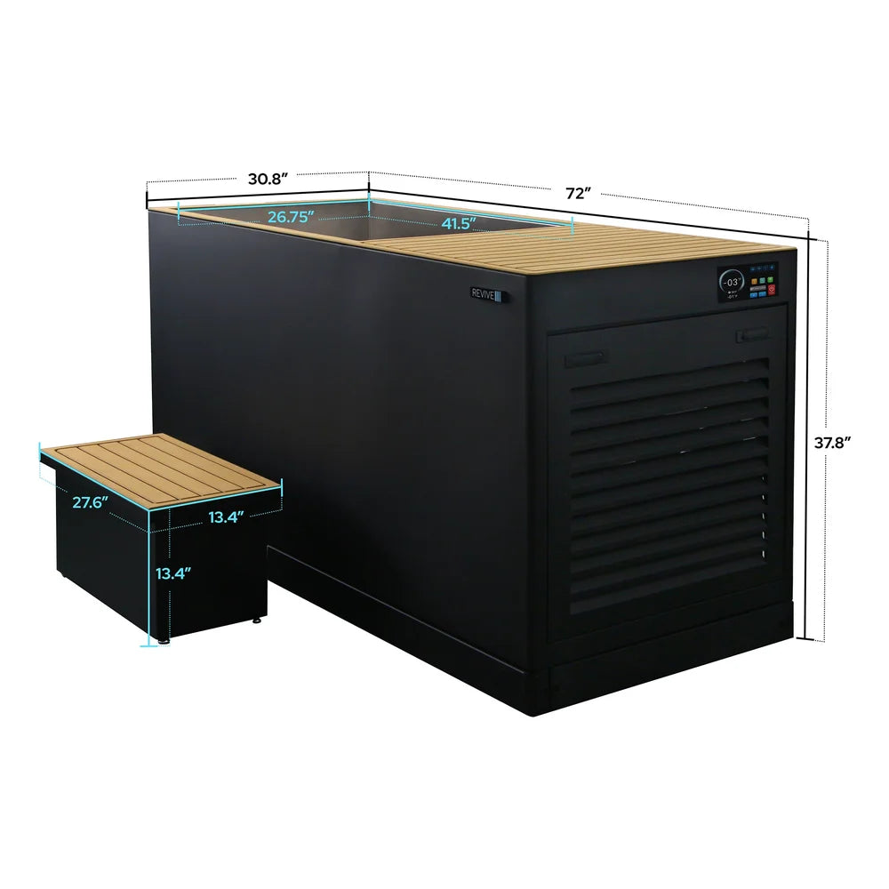 Labeled dimension drawing of the Revive Plunge Luxury Plunge Ice Bath Spa and its matching step in inches
