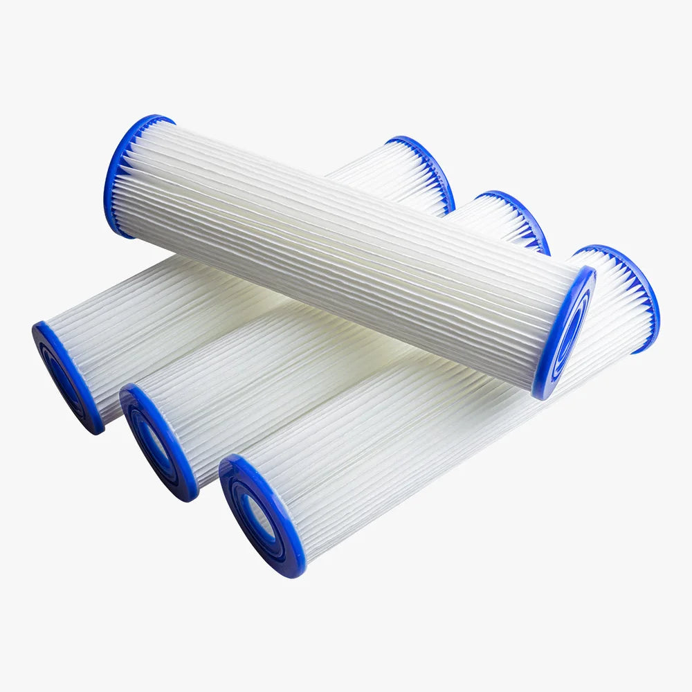 Pleated cartridge filters with blue end caps supplied for the Revive Plunge Luxury Plunge Ice Bath Tubs