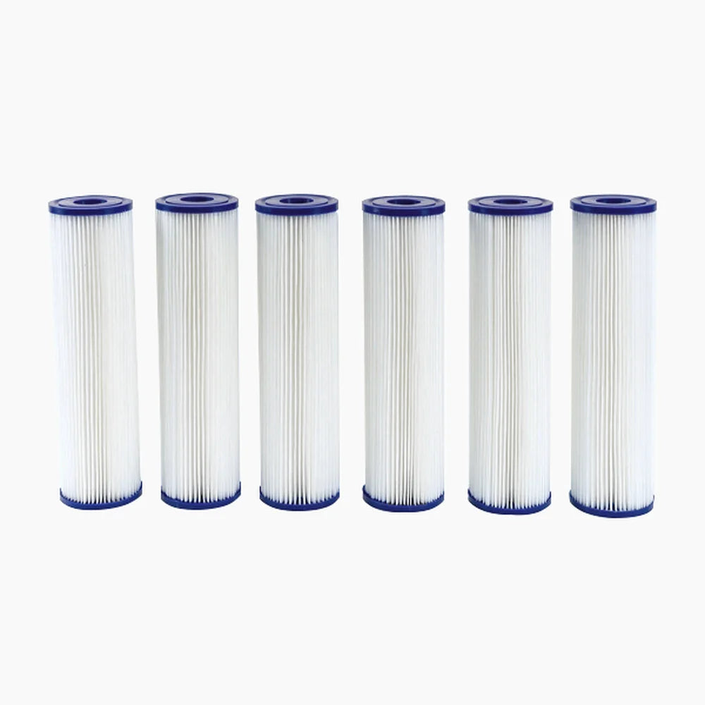 Pleated white media and navy end caps on the six upright cartridges of the Revive Plunge 6-Pack Chiller Filters