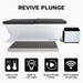Overview graphic listing cold and hot capability, LED light, plug and plunge setup and app for the Revive Acrylic Plunge Tub