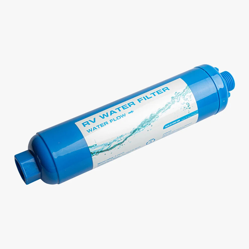 Blue inline garden hose filter used when filling the Revive Acrylic Plunge to keep contaminants out