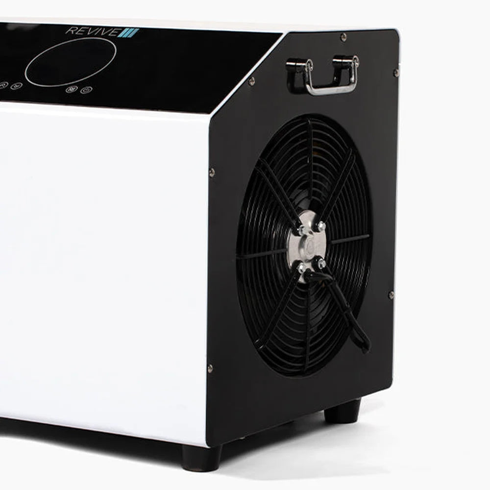 Large round cooling fan grille and chrome carry handles on the side of the Revive Apex Chiller cabinet