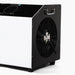 Large round cooling fan grille and chrome carry handles on the side of the Revive Apex Chiller cabinet