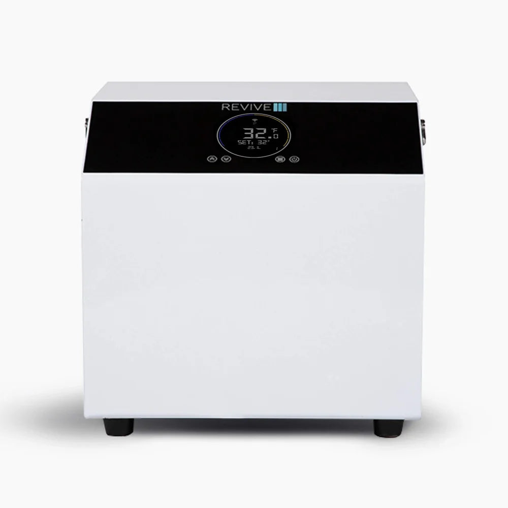 Front of the Revive Plunge Apex Hot and Cold Chiller with its black touch panel reading 32 degrees on a white studio background