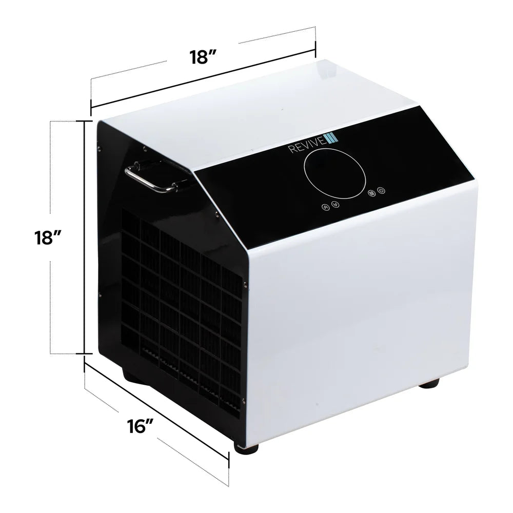 Measured drawing marking 18" width, 18" height and 16" depth of the Revive Plunge Core .8hp Cold Plunge Chiller
