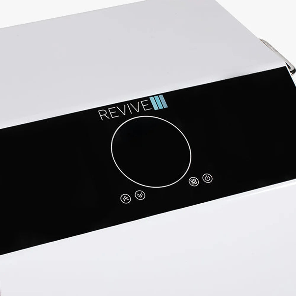 Digital screen, arrow keys and power button on the glass control panel of the Revive Plunge Core .8hp Chiller