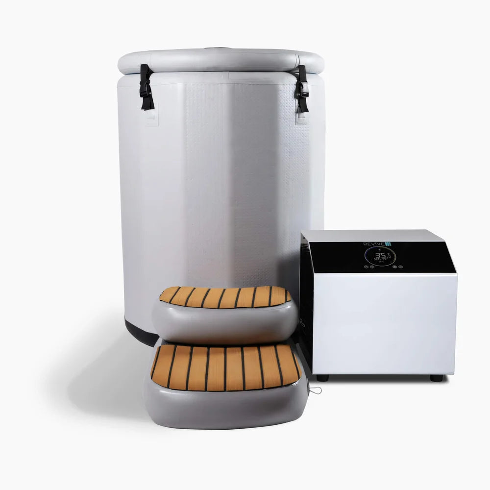 White background hero of the barrel tub, step and chiller included with the Revive Plunge Inflatable Barrel Plunge Tub