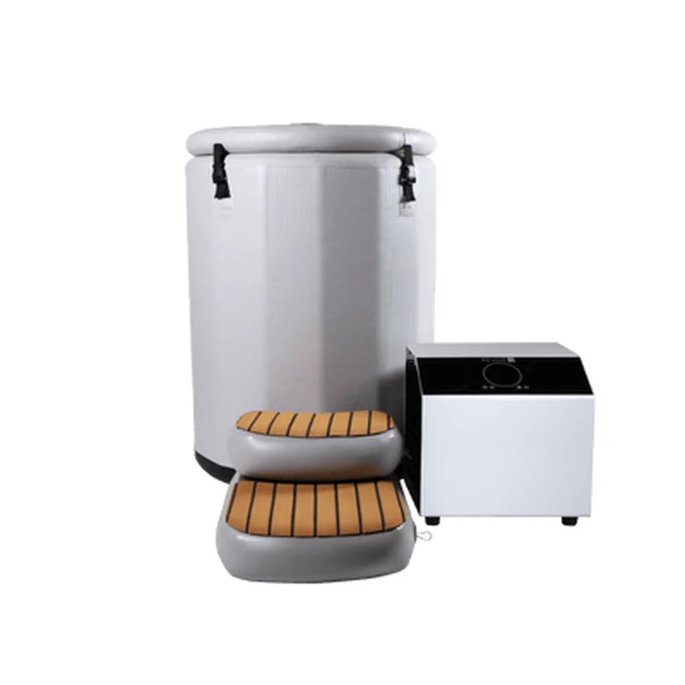 Small studio image of the tub, step and chiller making up the Revive Plunge Inflatable Barrel Plunge Portable Cold Plunge