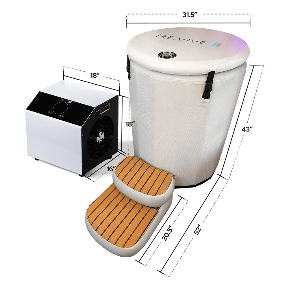 Measured diagram listing tub, chiller and step sizes for the Revive Plunge Inflatable Barrel Plunge Cold Plunge Tub