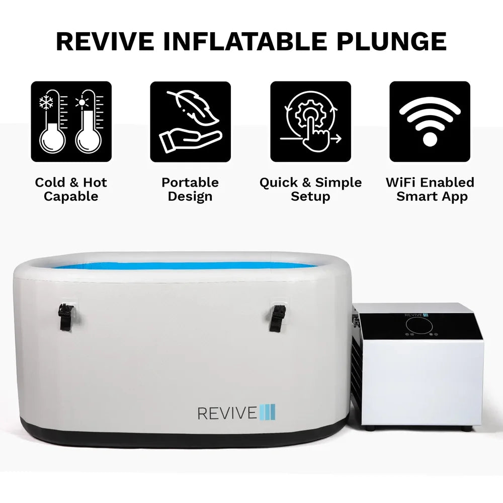 Overview graphic with hot and cold, portability and setup icons for the Revive Inflatable Cold Plunge Tub