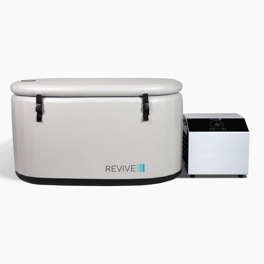 Angled studio image of the covered Revive Inflatable Cold Plunge Pool with chiller set to 35 degrees