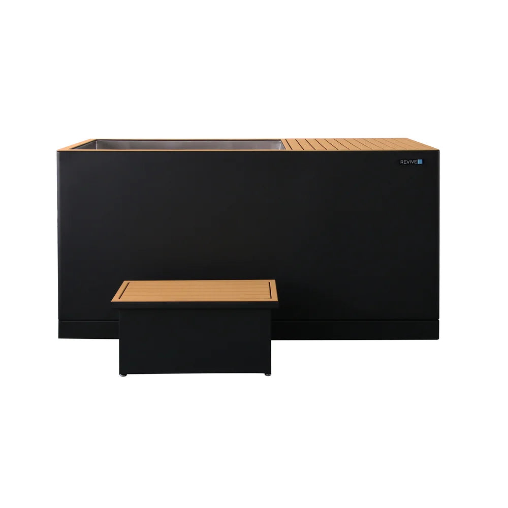 Straight-on front view of the Revive Plunge Luxury Plunge Cold Plunge Spa with tan deck and step