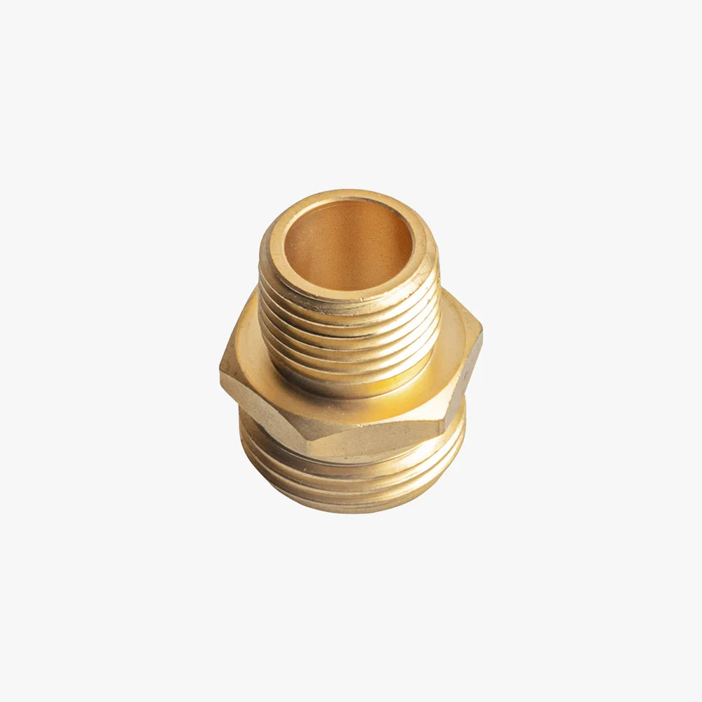 Brass hose adaptor connecting a garden hose to the Revive Plunge Luxury Plunge Cold Plunge Bath chiller