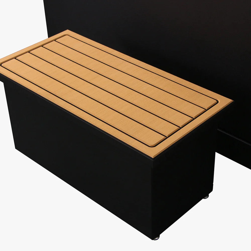 Included matching step with tan slatted tread beside the Revive Plunge Luxury Plunge Cold Plunge Tub