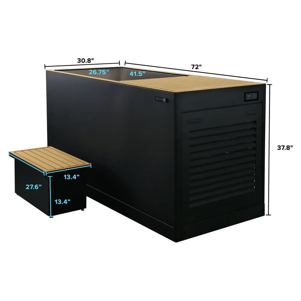 Sizing diagram marking height, width and opening of the Revive Plunge Luxury Plunge Cold Plunge Tub