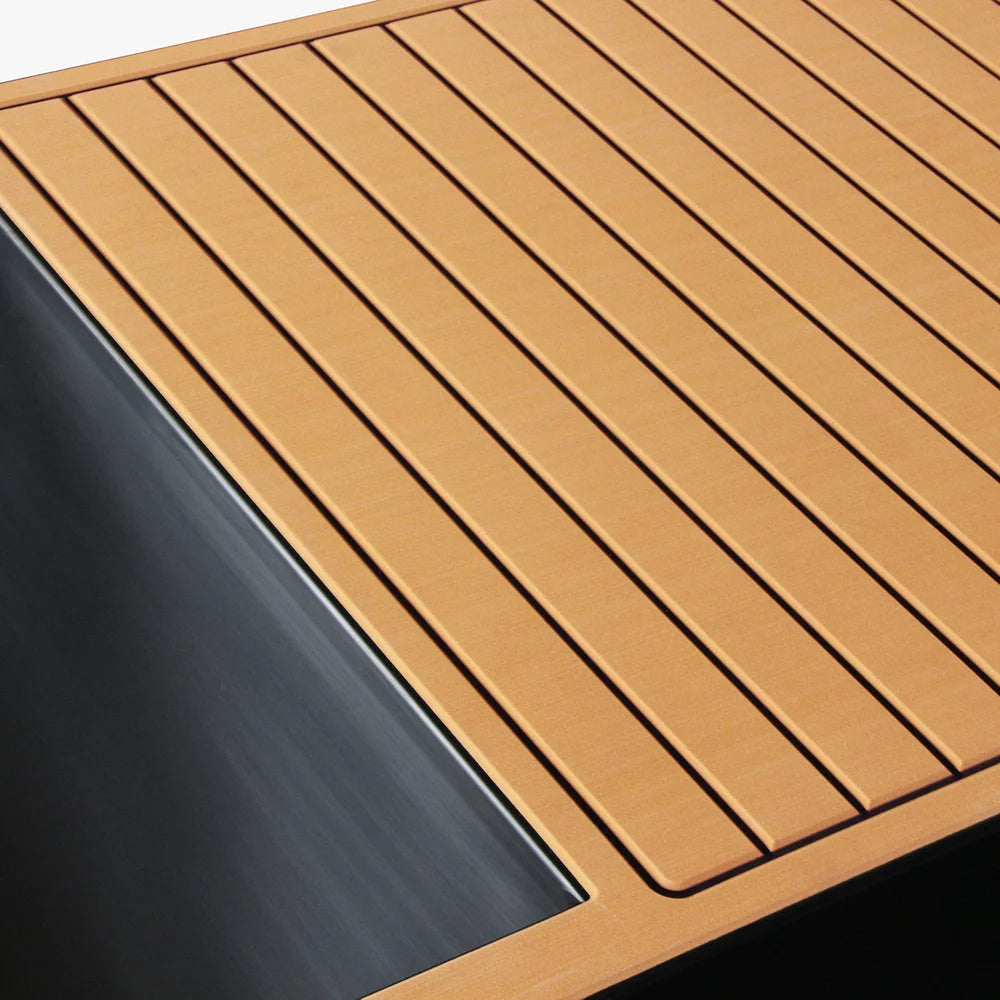 Tan slatted deck panel and stainless rim detail on the Revive Plunge Luxury Plunge Ice Bath Spa