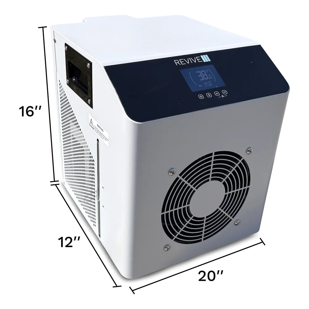 Measurement drawing marking 16 by 12 by 20 inches on the Revive Plunge Nova .3hp Cooling System unit