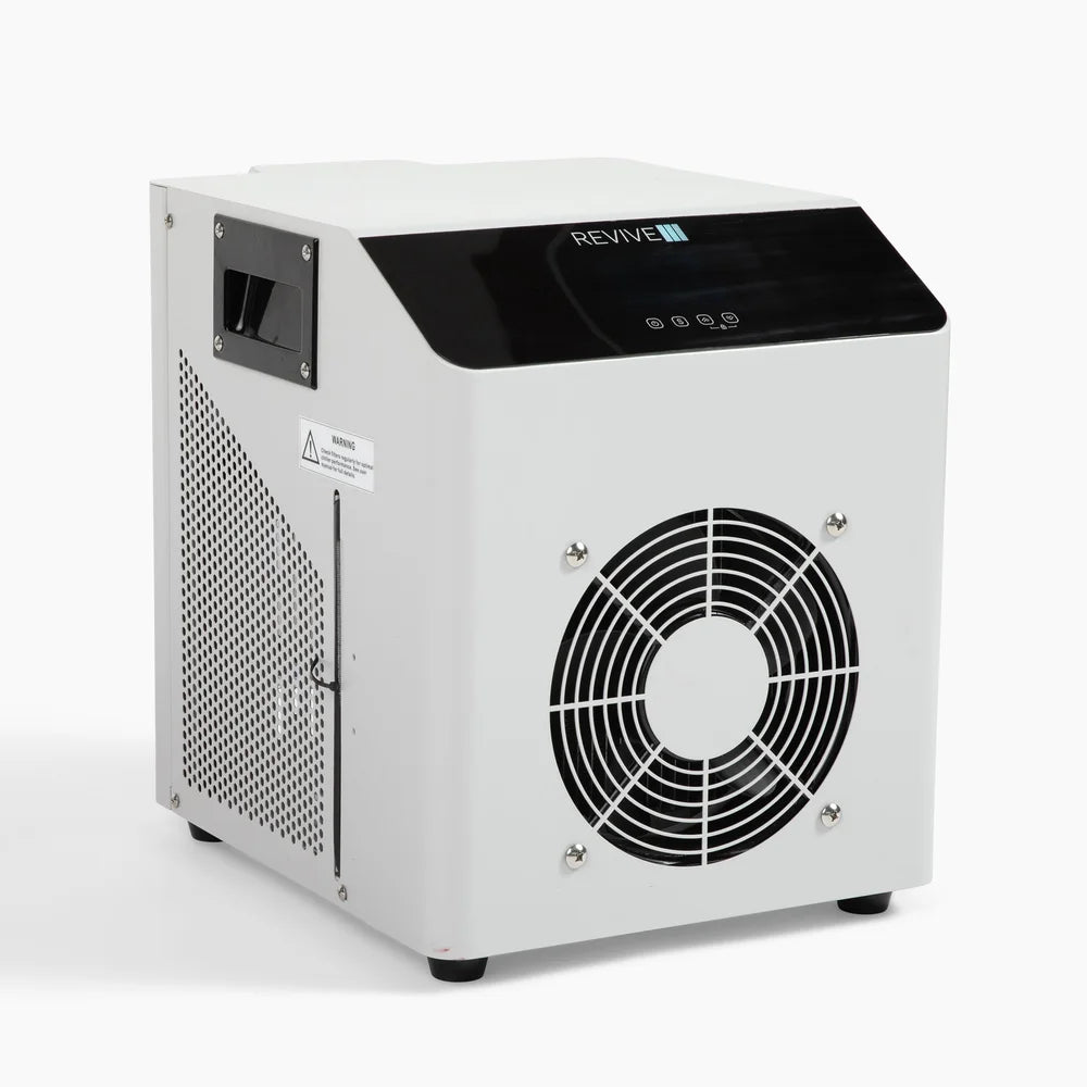 Angled studio shot of the Revive Plunge Nova .3hp WiFi Chiller with carry handle, vented side and fan grille