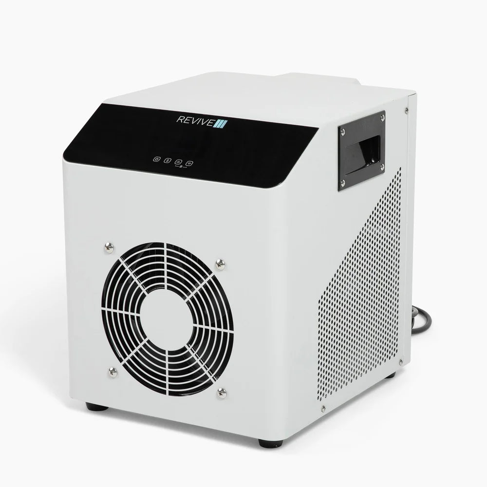 Alternate angle of the Revive Plunge Nova .3hp Water Chiller showing touch controls, vent panel and fan