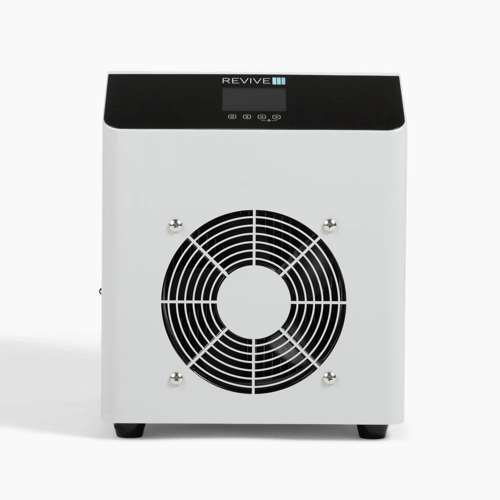 Front view of the Revive Plunge Nova .3hp Digital Chiller with touch buttons, screen and round fan grille
