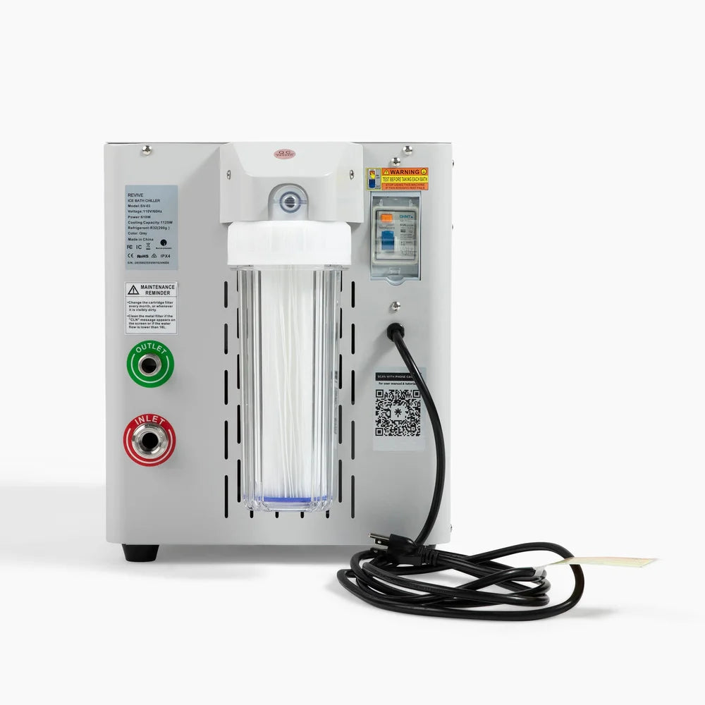 Back panel of the Revive Nova .3hp Chiller with inlet and outlet ports, clear filter housing and power cord
