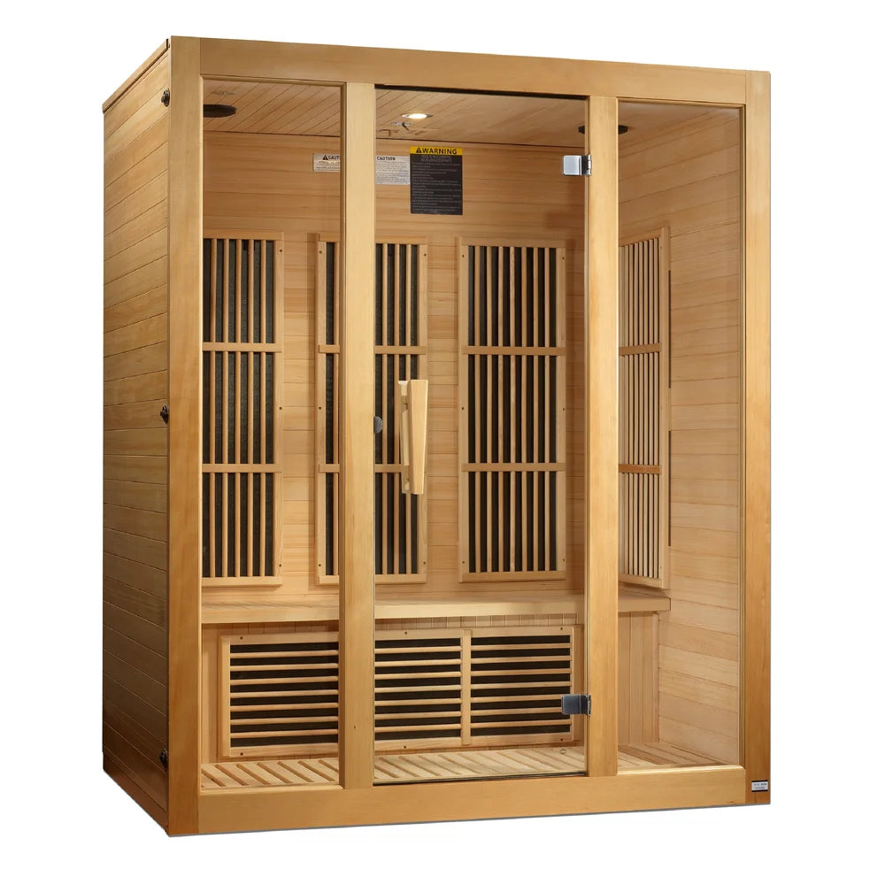Opposite angle of the Maxxus Bellevue 3 Person Near Zero EMF Far Infrared Sauna showing bench, ceiling light and door hinges