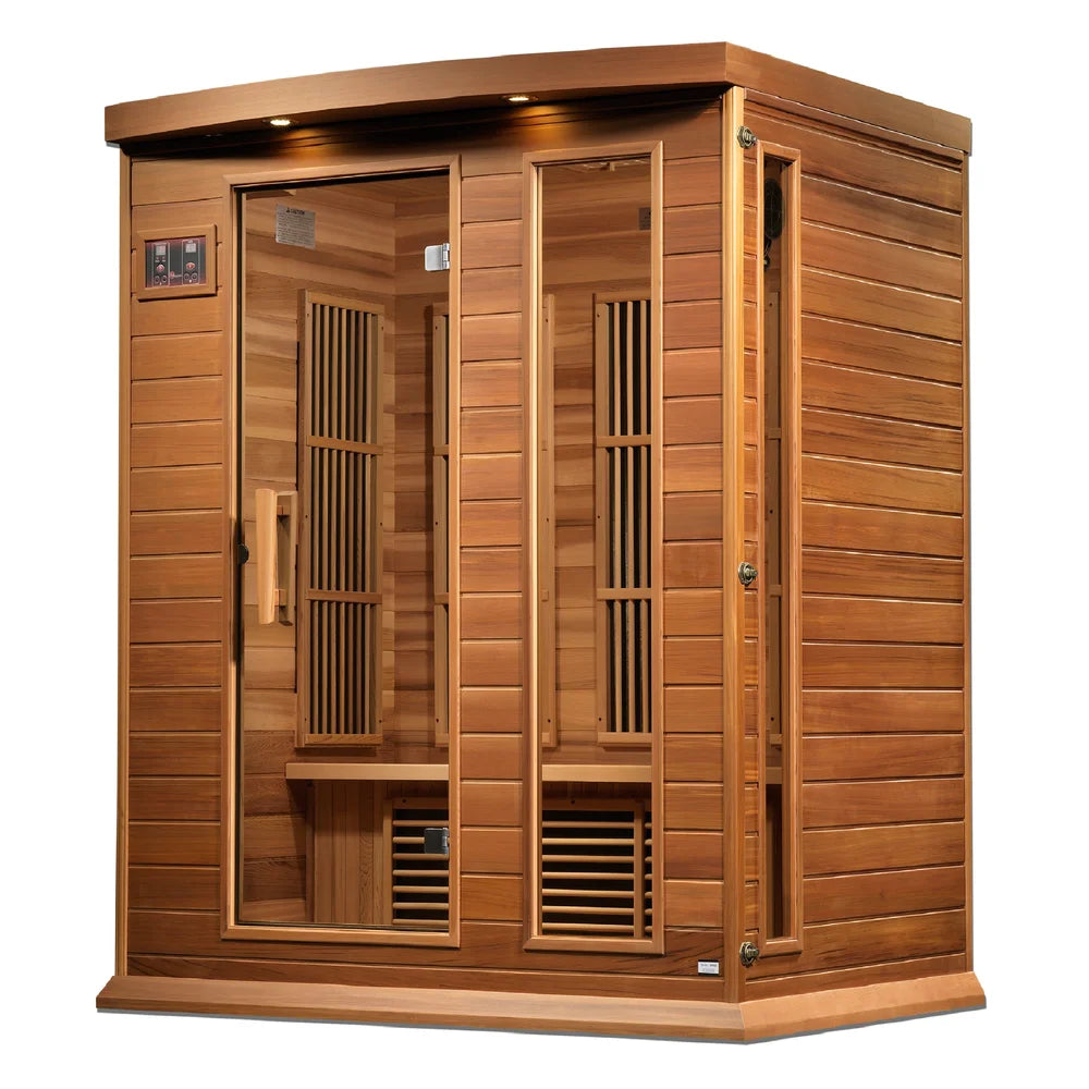 Angled right-side view of the Maxxus Montilemar Sauna with cedar side wall, full-length window and lit roof lamps