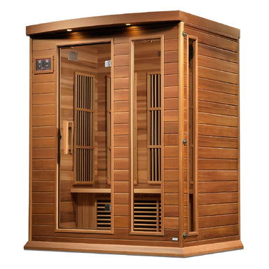 Angled right-side view of the Maxxus Montilemar Sauna with cedar side wall, full-length window and lit roof lamps