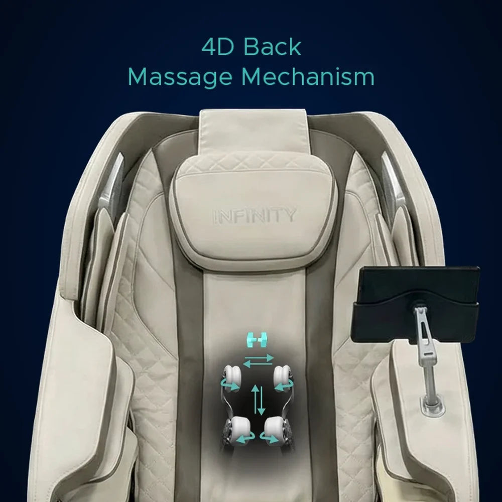 Seat back close-up with teal roller direction arrows on the Infinity Celebrity Elite Massage Chair mechanism