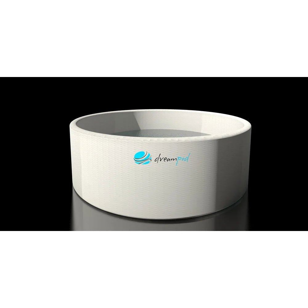 Round white inflatable open pool version of the Dreampod Home Float FLEX filled with water on a dark studio backdrop