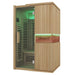 Green lit two person cabin shown at an angle on the Blisspod Milano Full Spectrum Sauna exterior