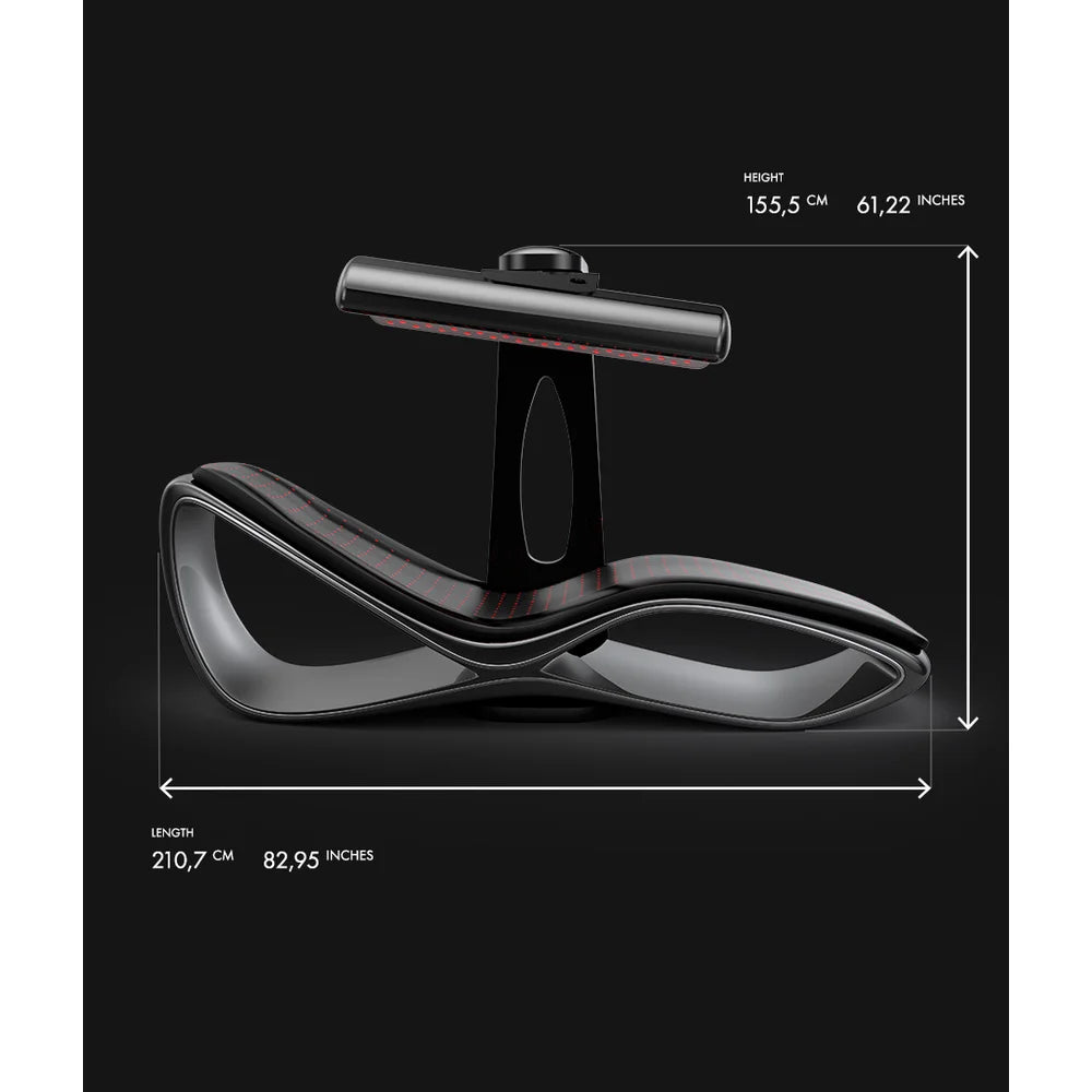 Measured side diagram of the Vacu Activ Red Couch 360 Red Light Bed listing 155,5 cm height and 210,7 cm length