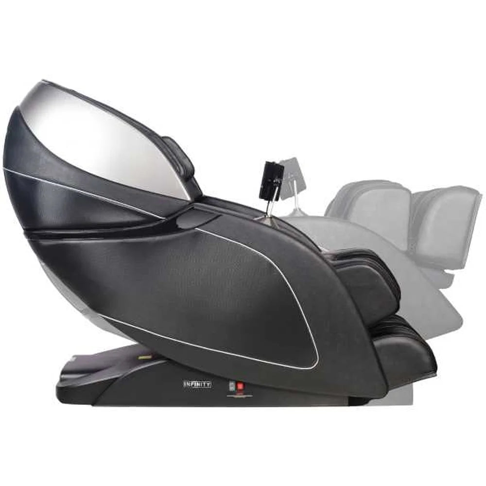 Reclined side profile of the Infinity Palisade Pro 4D Chair overlaid with a ghosted upright position outline
