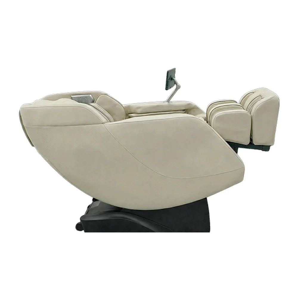 Greige Infinity Celebrity Elite Recliner shown fully reclined flat with the footrest raised on white