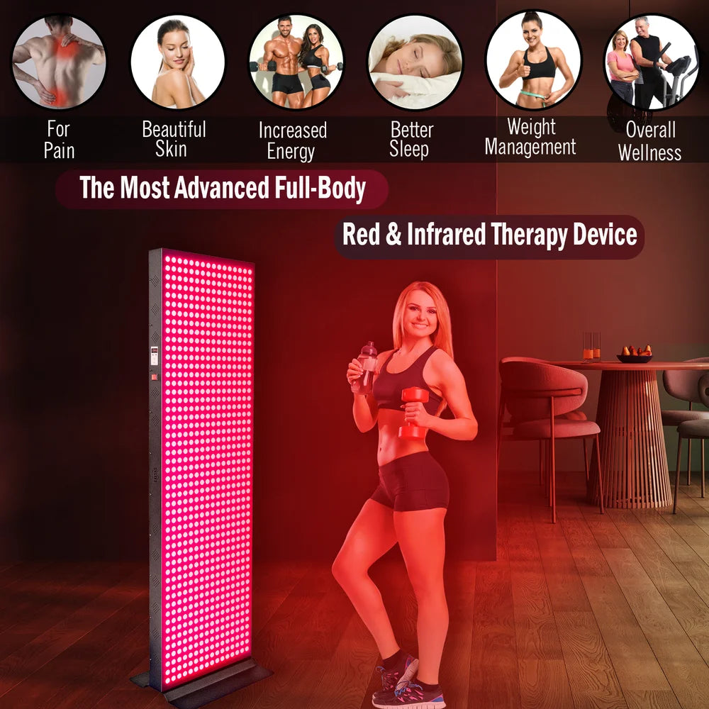 Benefit icons for pain, skin and sleep above a woman beside the EXESAS 4000W Full Body Red Light Therapy Panel
