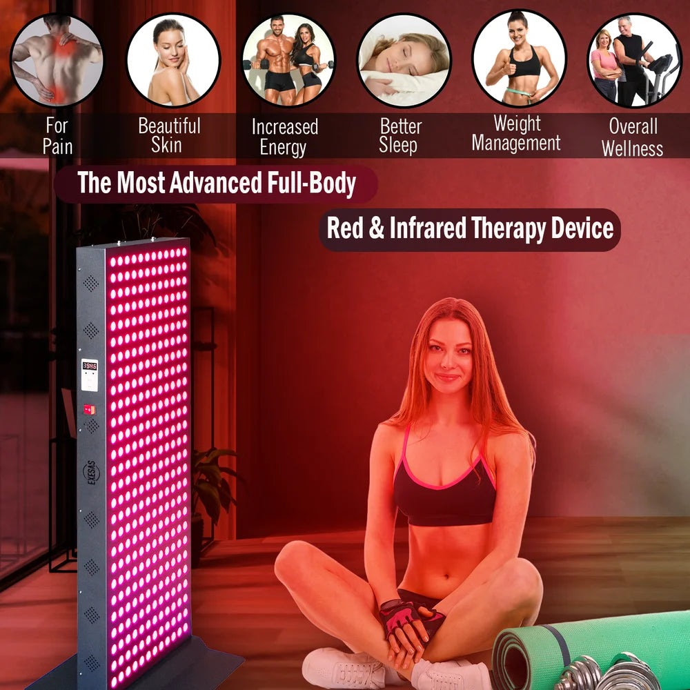 Woman seated on a mat beside the EXESAS 324 LED Full Body Red Light Therapy Device with six benefit icons above