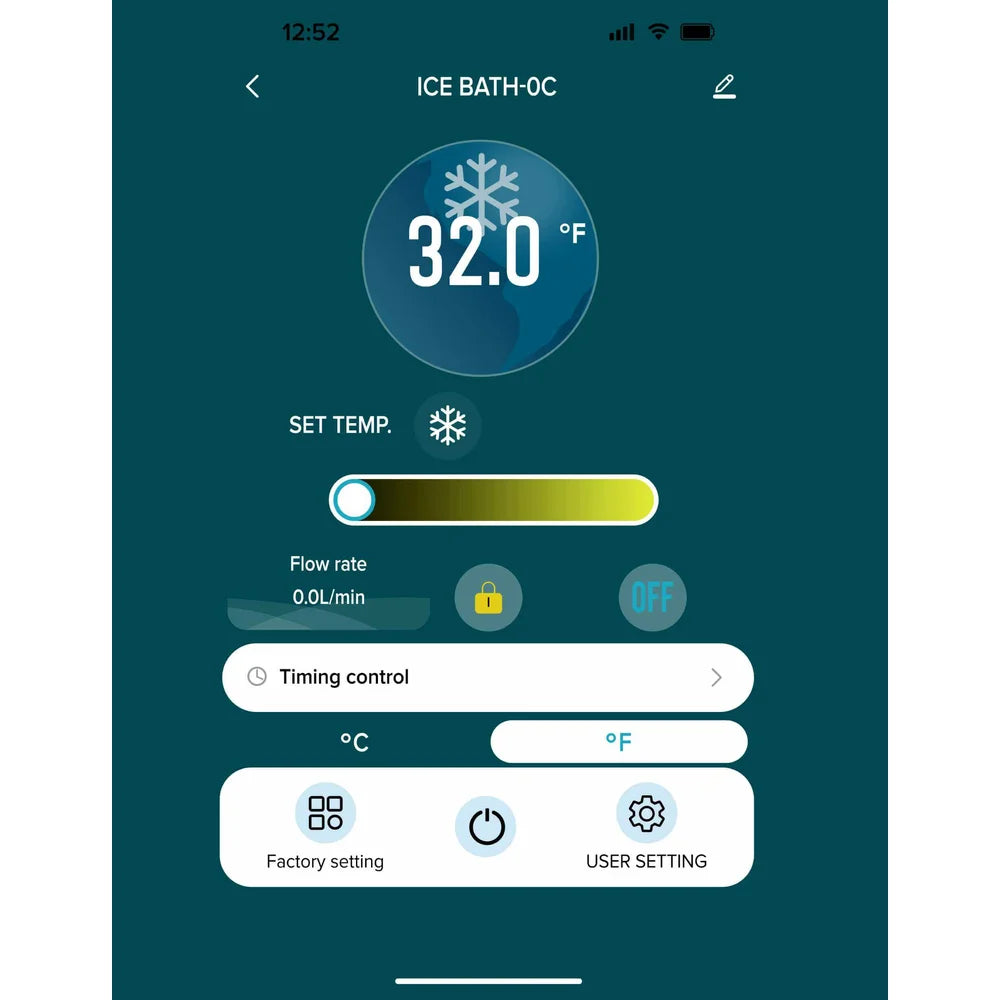 App screen showing 32°F set point and timing control for the Revive Plunge Inflatable Cold Plunge