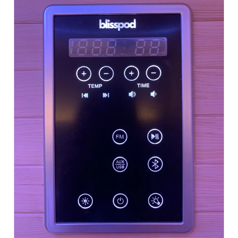 Blisspod Helsinki Chromotherapy Sauna touch control panel with temperature, timer and audio buttons