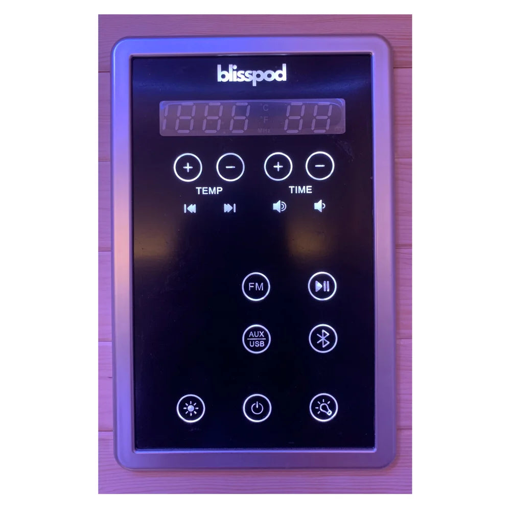 Soft touch control panel with temp, time, FM, Bluetooth and light keys on the Blisspod Bergen Chromotherapy Sauna