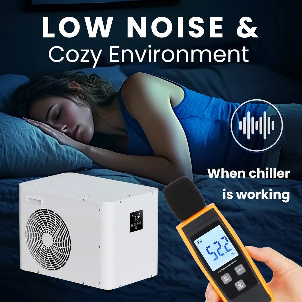 Noise graphic with a 52.2 dBA meter next to the AMBOHR Pro Chiller Ice Bath Cooler and a sleeping woman