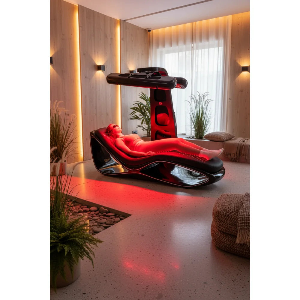 Wellness studio room with the Vacu Activ Red Couch 360 Light Therapy Bed in use beside plants and warm wall lighting
