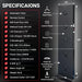 Spec list and rear callout diagram with fans, control panel and dimensions of the EXESAS 600 LED Full Body Red Light Therapy Device