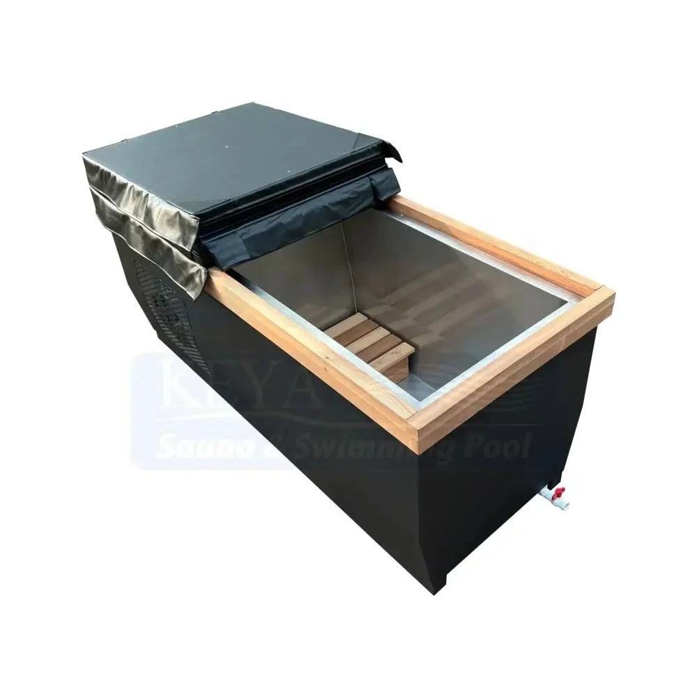 MedEq stainless steel plunge pool with integrated chiller with cover rolled back showing stainless liner